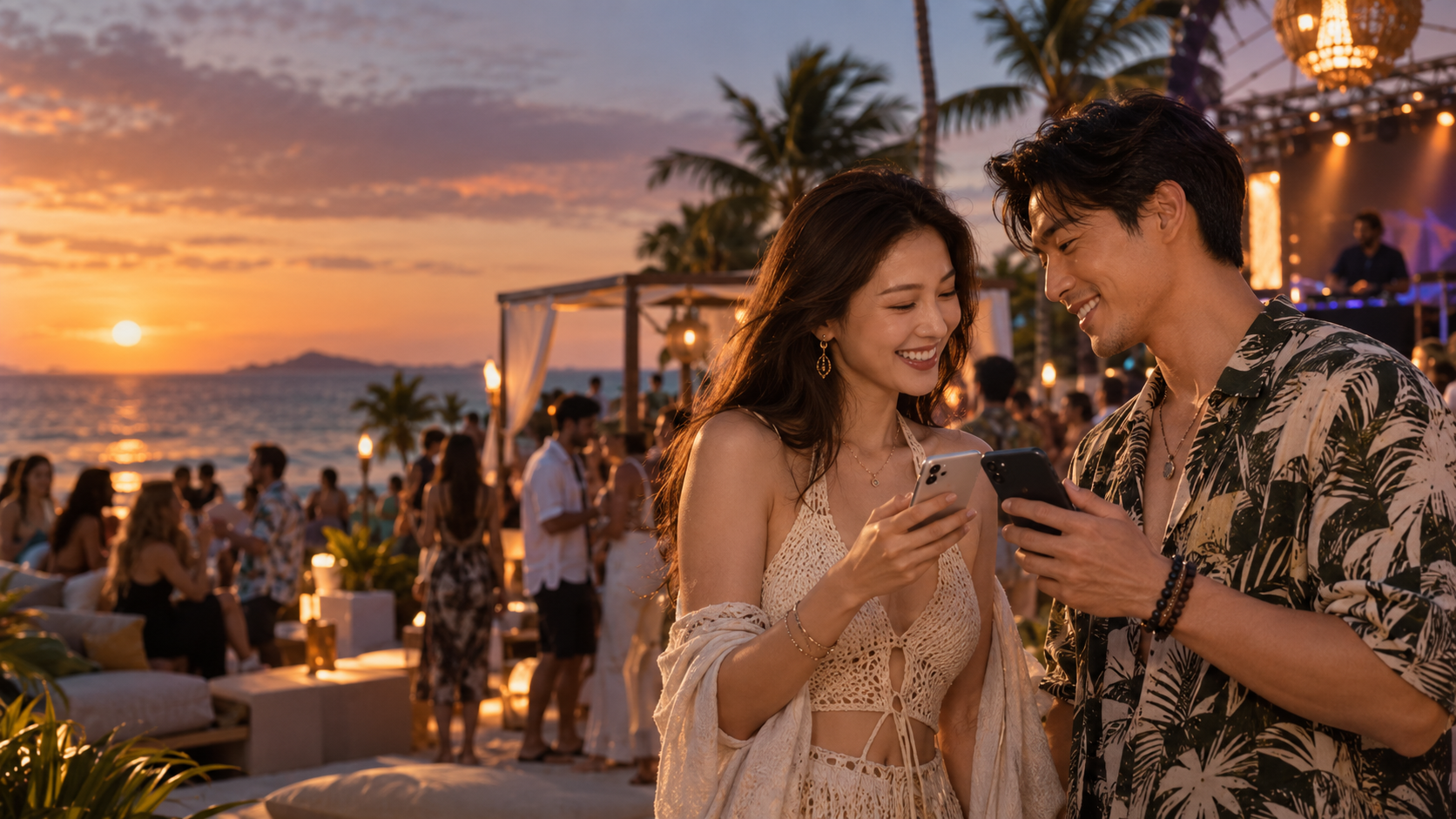 A Chinese couple using their phones at a beach Melt Festival at sunset