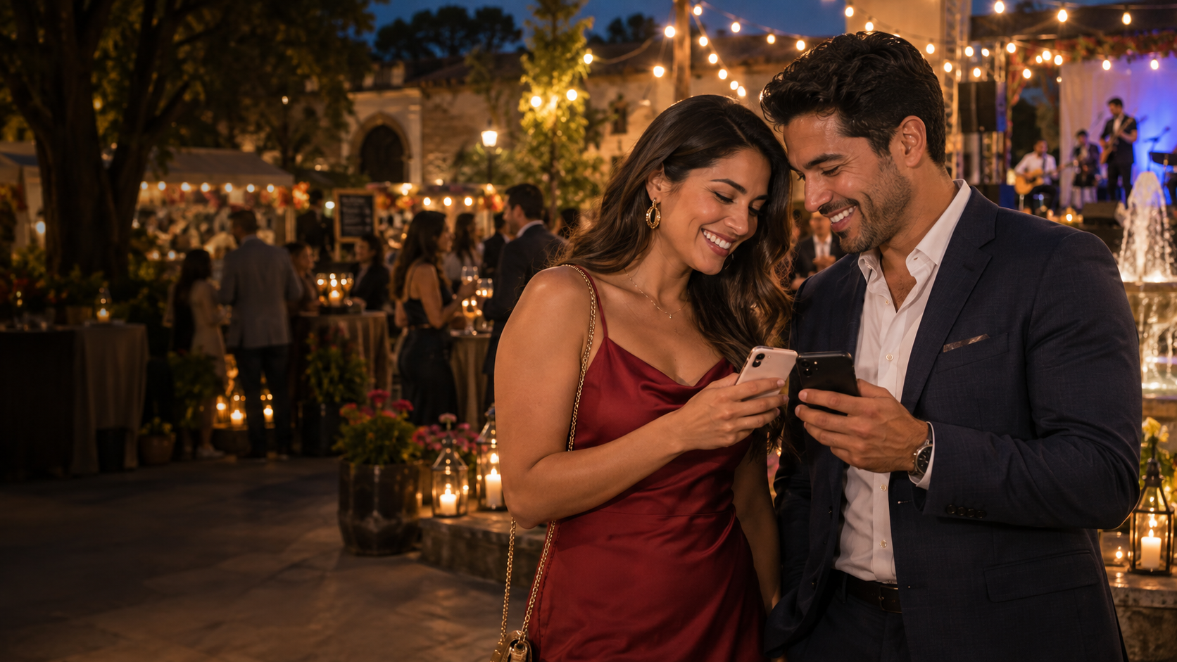 A Hispanic couple connecting at an outdoor food and culture event