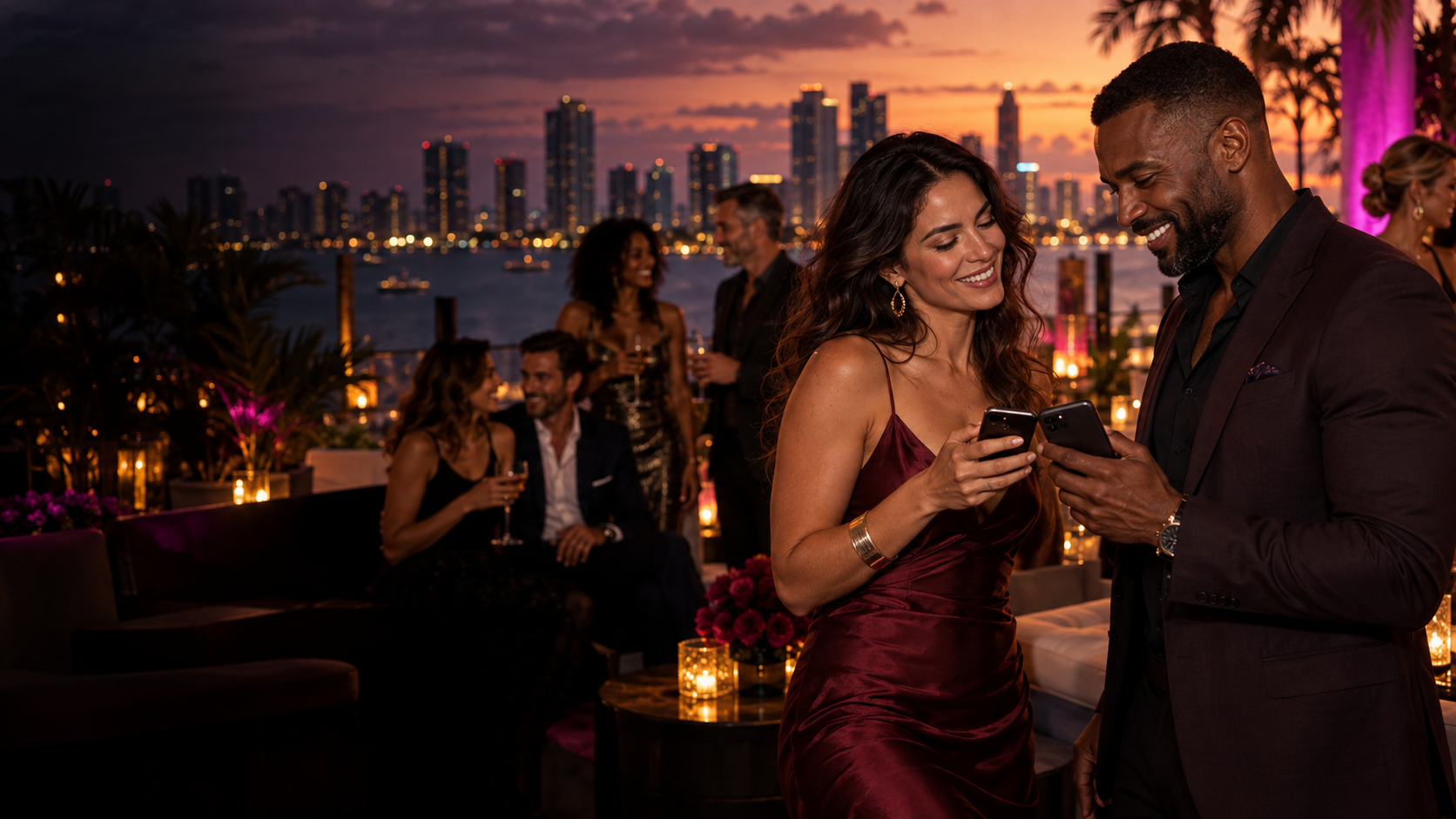 A Black man and a woman connecting with their phones at an elegant rooftop Melt event