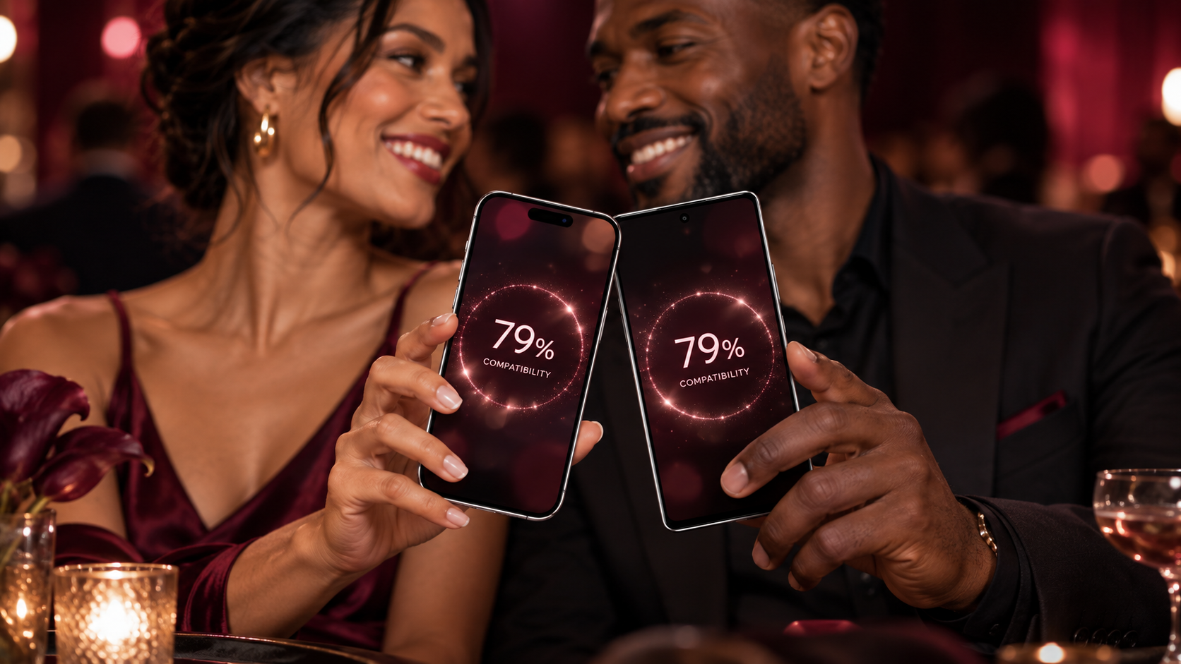 A couple holding iPhone and Android devices together, each showing 79 percent compatibility